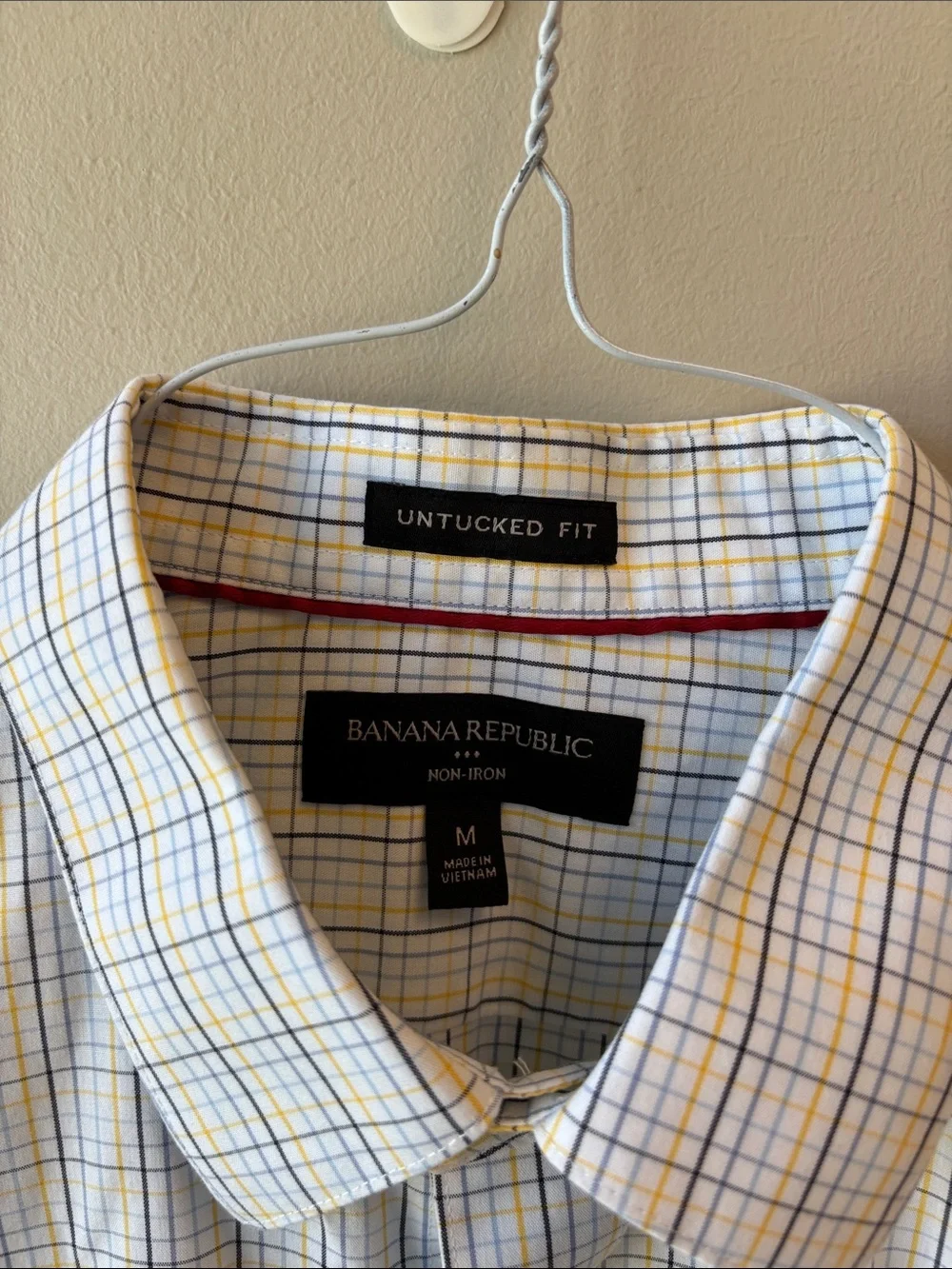 Banana Republic Factory White Dress Shirt with Blue and Yellow Windowpane Plaid